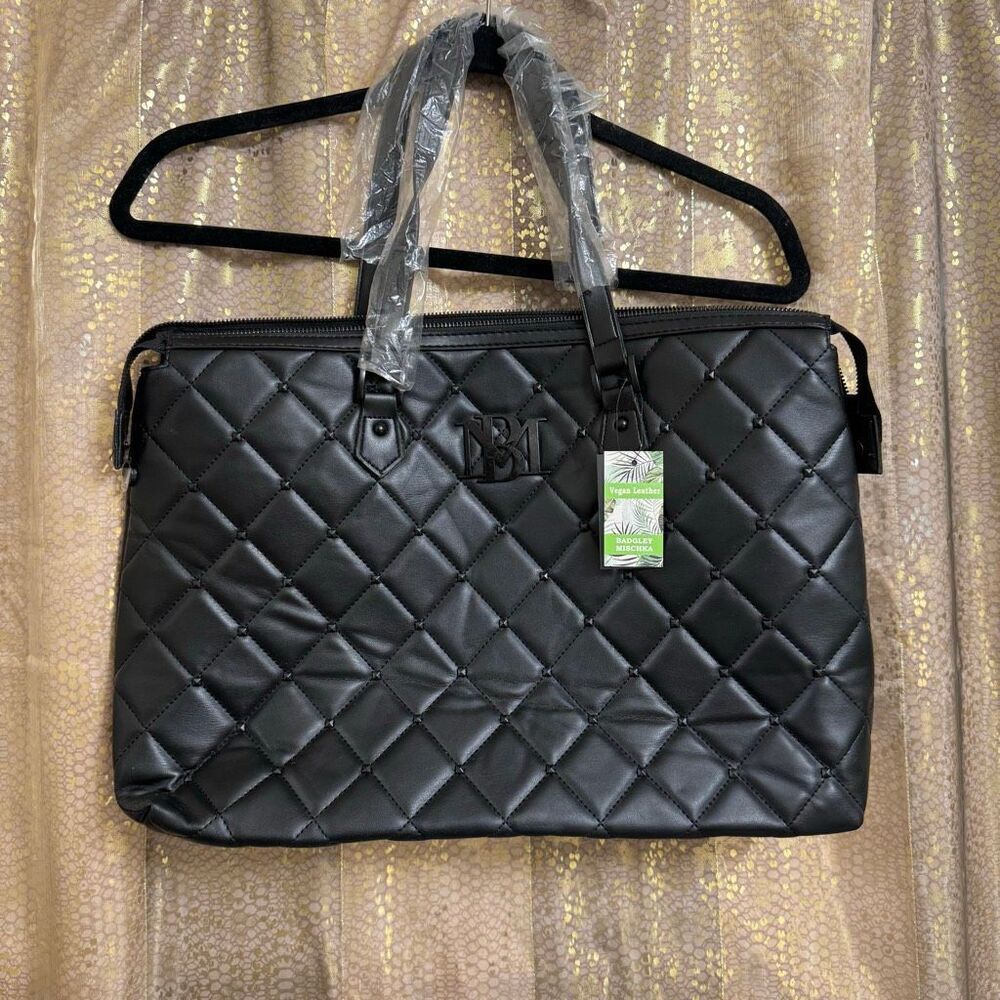 Badgley Mischka Black Quilted Vegan Leather Travel Weekender Tote Bag‎ NWT